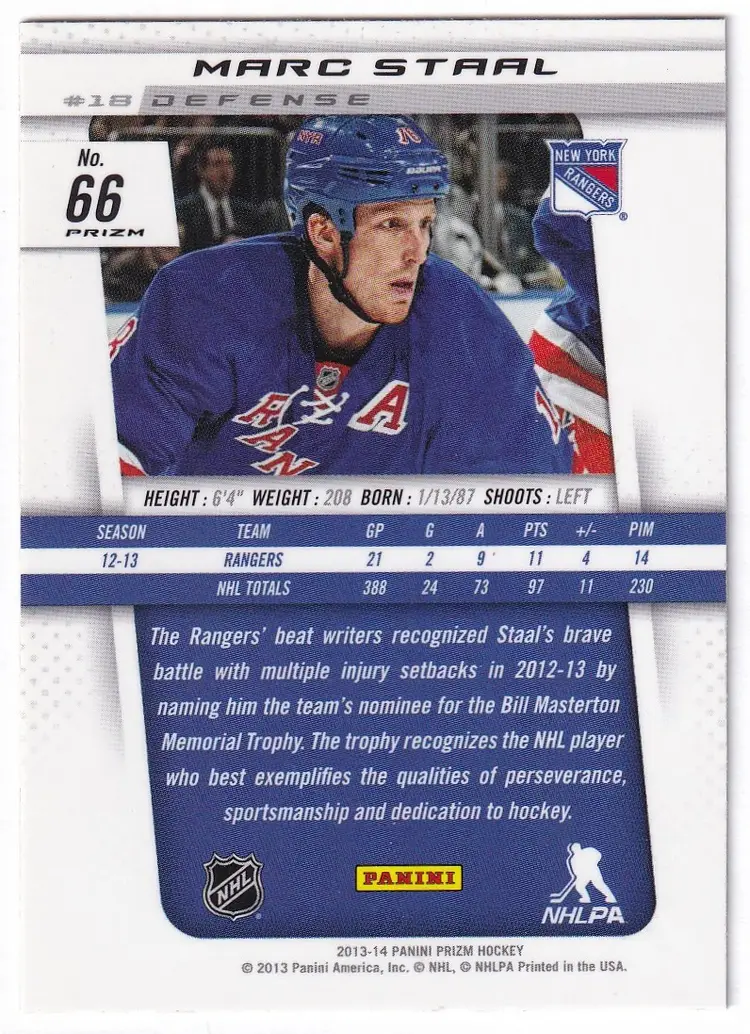 2013-14 Panini Prizm Prizms Red Pulsar #66 Marc Staal New York Rangers Hockey Card