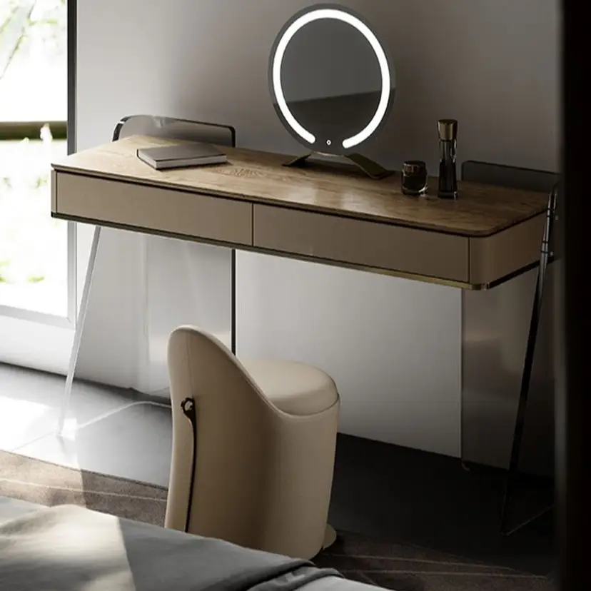 Multi-Functional Vanity Set with LED Lighting and Push-Pull Design, Brown – Makeup Table with Mirror and Stool