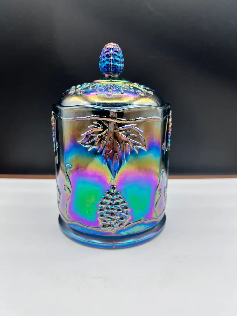 #1001B Vintage Indiana Glass Iridescent Blue Carnival Glass Harvest Grape 7" Lidded Canister/Biscuit Jar