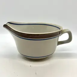 Vintage Salem Stoneware Creamer Pitcher Gravy Sauce Server Blue Brown Stripes