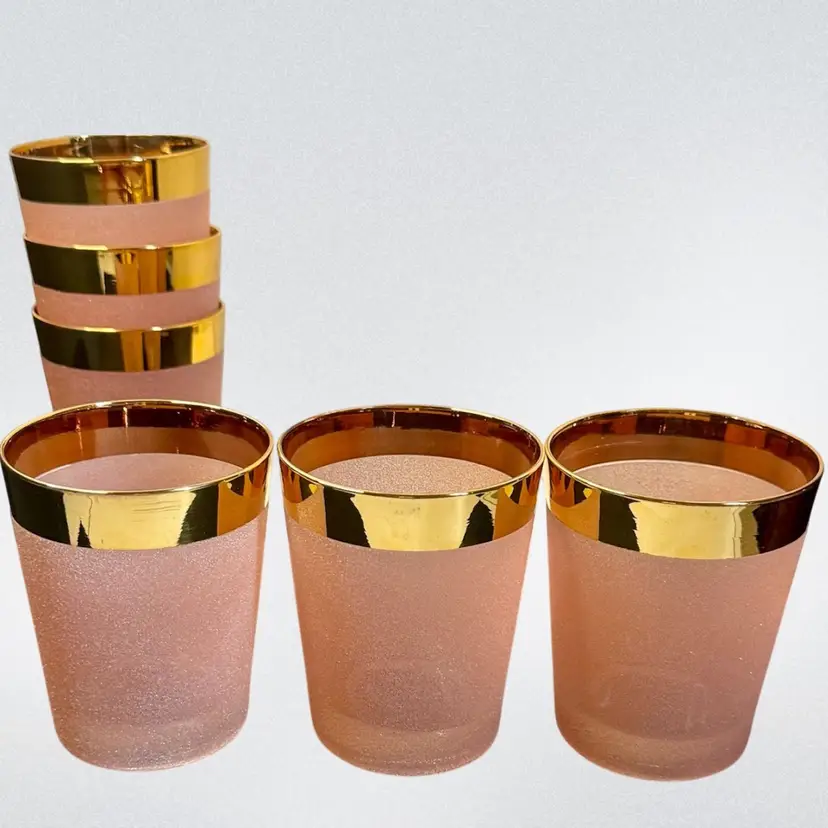 Vintage Pink/Peach Textured (Frit glass) Glasses with Gold Band Set of 6- Stackable Barware Glasses