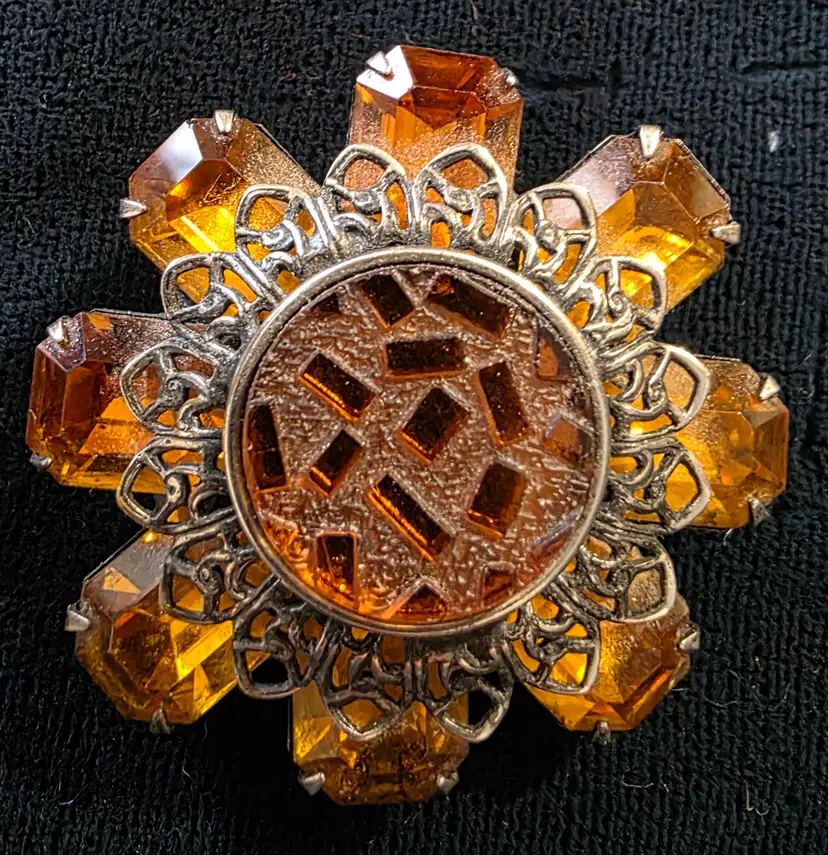 Signed Vintage DANNY POLLAK Chunky Vintage Floral Topaz Colored GemsBrooch
