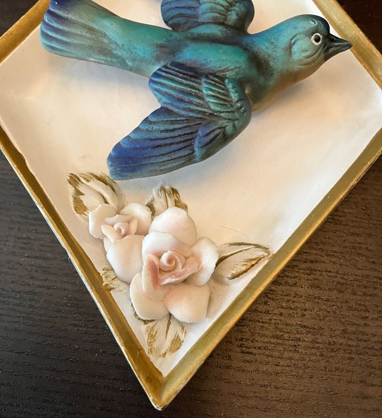 VTG Lefton Wall Hanging Blue Bird on Plate with Flowers #2889