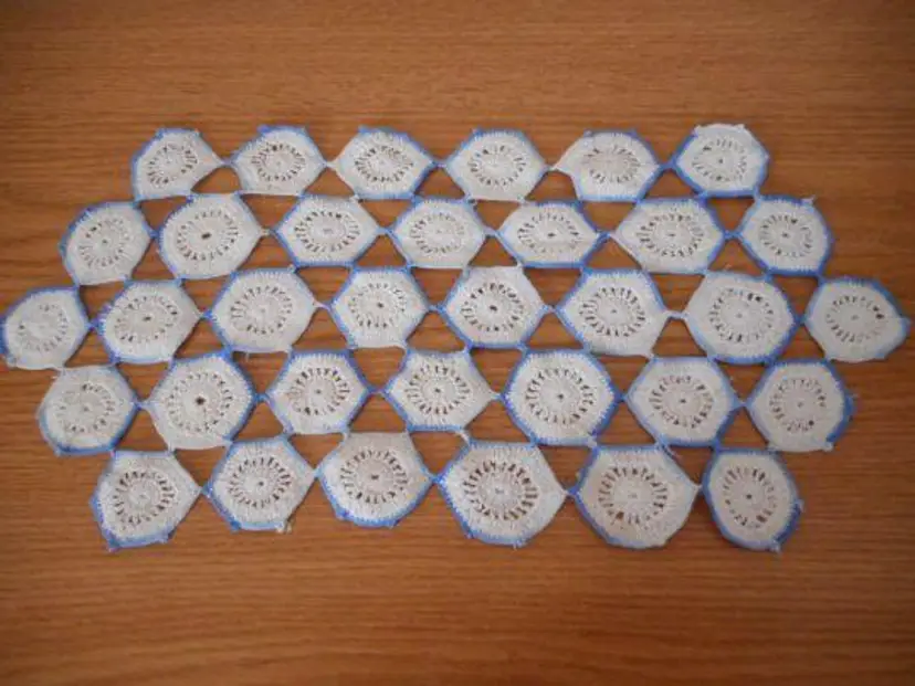 Vintage Blue and white 17" x 8" Handmade Hand Crochet Doily Table Topper