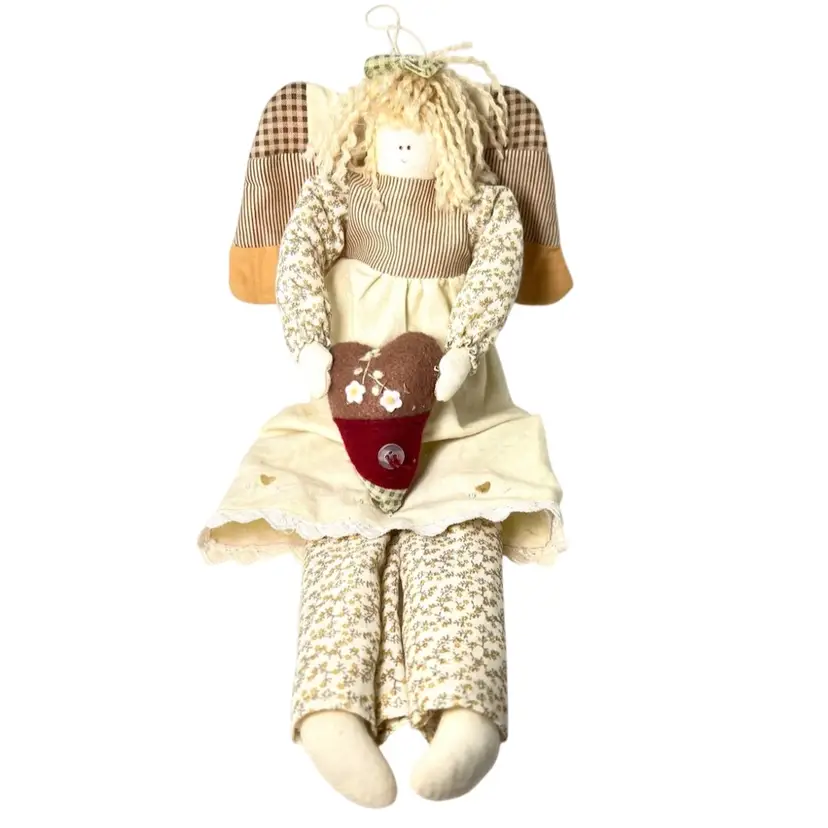 Angel Country Style Rag Doll Holding A Stuffed Heart. Pretty Dress & Knickers. Very Soft! Sits Nicely. 16” tall x 7-1/2” across wings x 3” width.