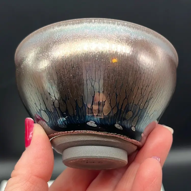 Jianzhan Chinese Tea Bowl of Purple Copper Golden Oil Spot Glaze Pottery | 3.5”