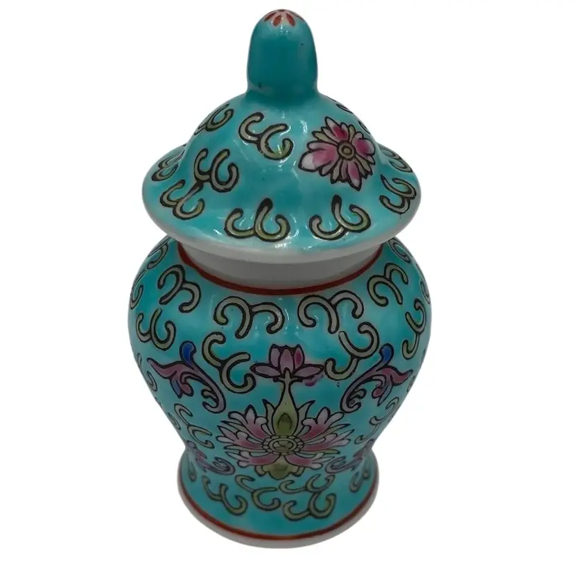 Vtg. Robin's Egg Blue Miniature Chinese Porcelain Ginger Jar & Lid, Floral