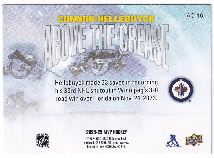 2024-25 Upper Deck MVP Above the Crease #AC16 Connor Hellebuyck Winnipeg Jets Hockey Card