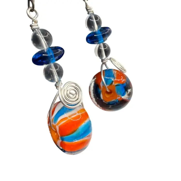 Sterling Silver Artisan  Glass Drop Pierced Earring - Orange Blue Spinner Ball