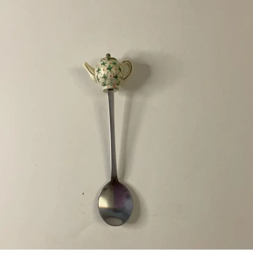 Green & White Teapot Topped Sugar Spoon