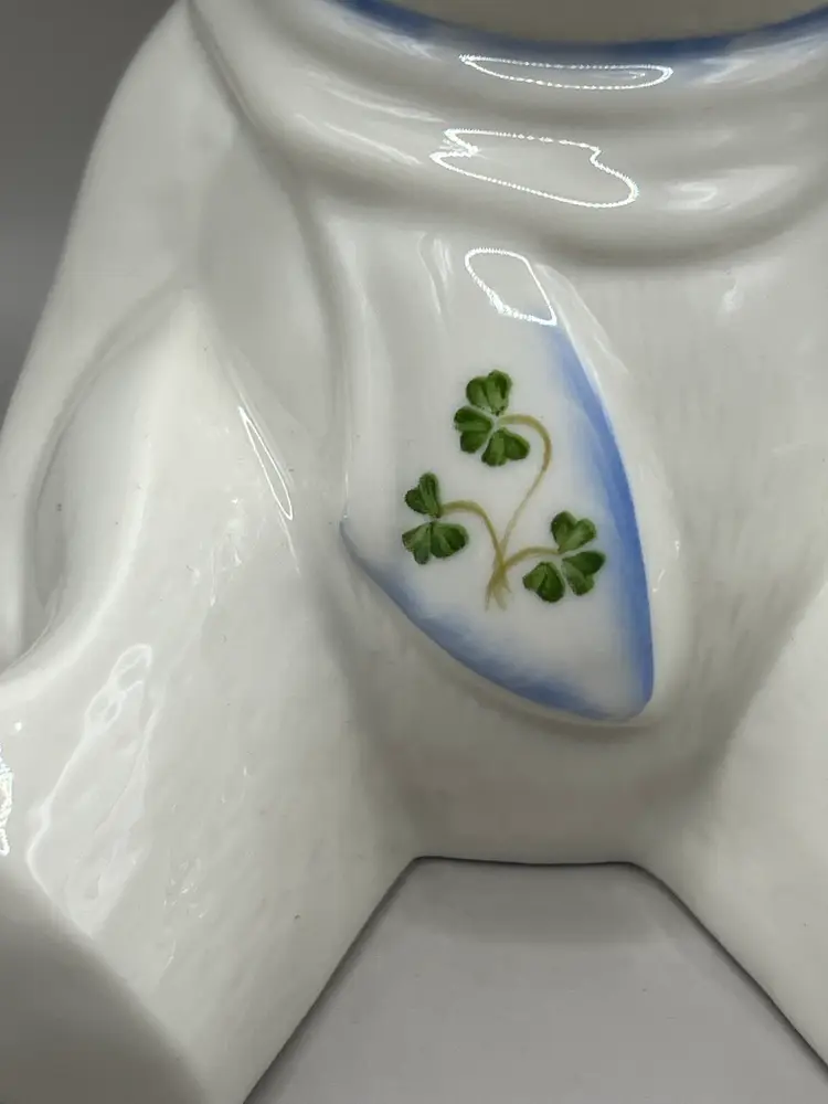 Vintage Donegal Parian Belleek Porcelain Teddy Bear Coin Piggy Bank Shamrocks 5”