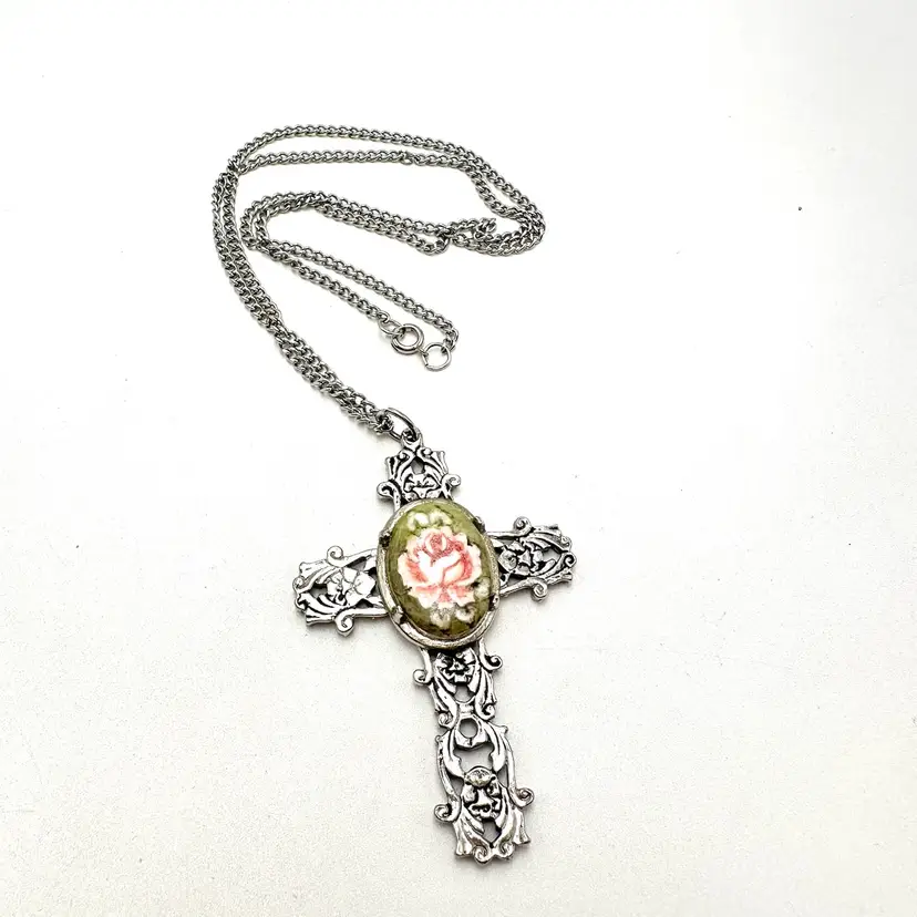 Cross Pendant Pink Rose Silver Tone Pendant Necklace Bridgerton Inspired Jewelry