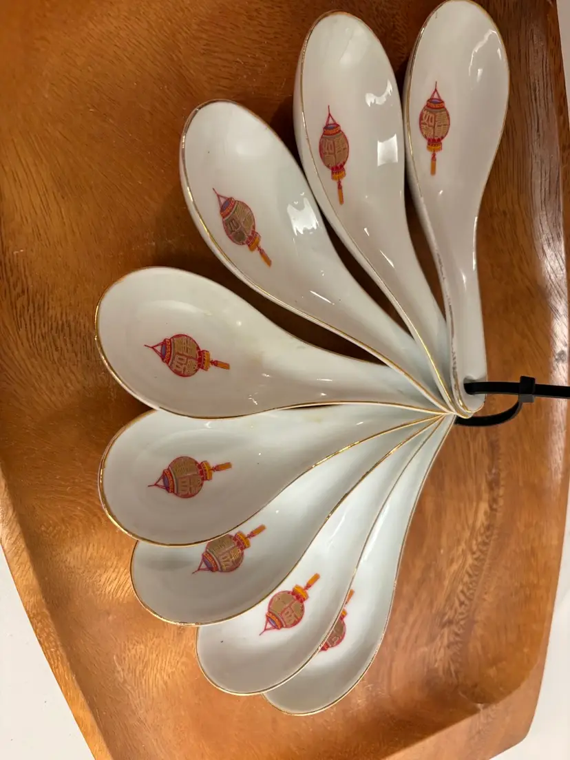 Vintage Ceramic Asian Soup Spoons Unmarked - 8 Pcs.
