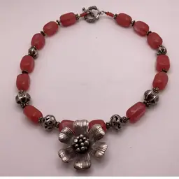 MANIC Stone & Metal Flower Bead Choker Necklace with Toggle 16” Artisan Made