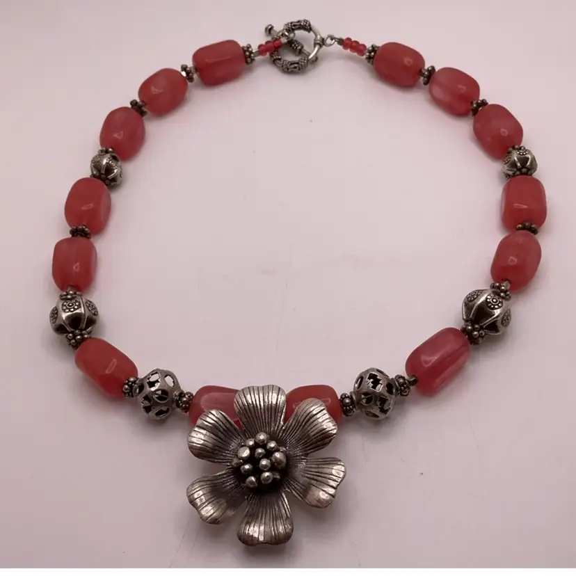 MANIC Stone & Metal Flower Bead Choker Necklace with Toggle 16β Artisan Made