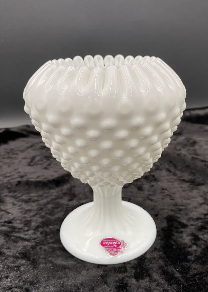 Vtg. MCM Fenton Hobnail Milk Glass Footed Ivy Vase, Ribbon Crimp, 5.75", #3757, MINT