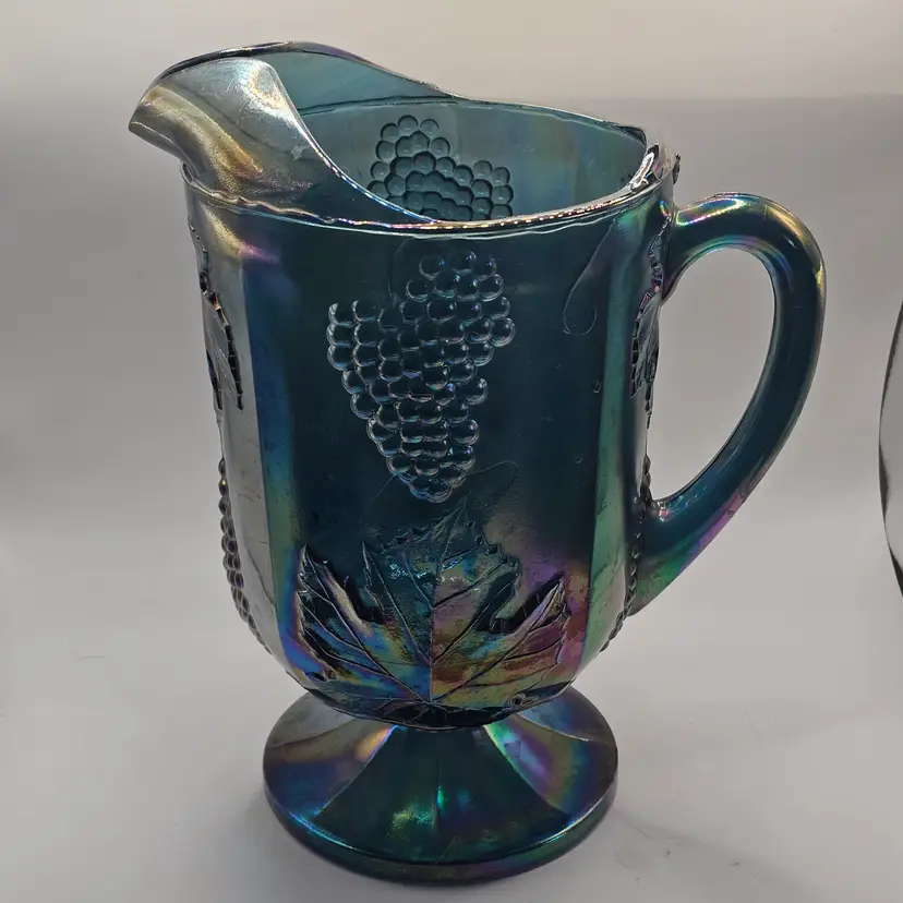 Indiana Glass blue carnival glass pitcher vintage 10" grape design