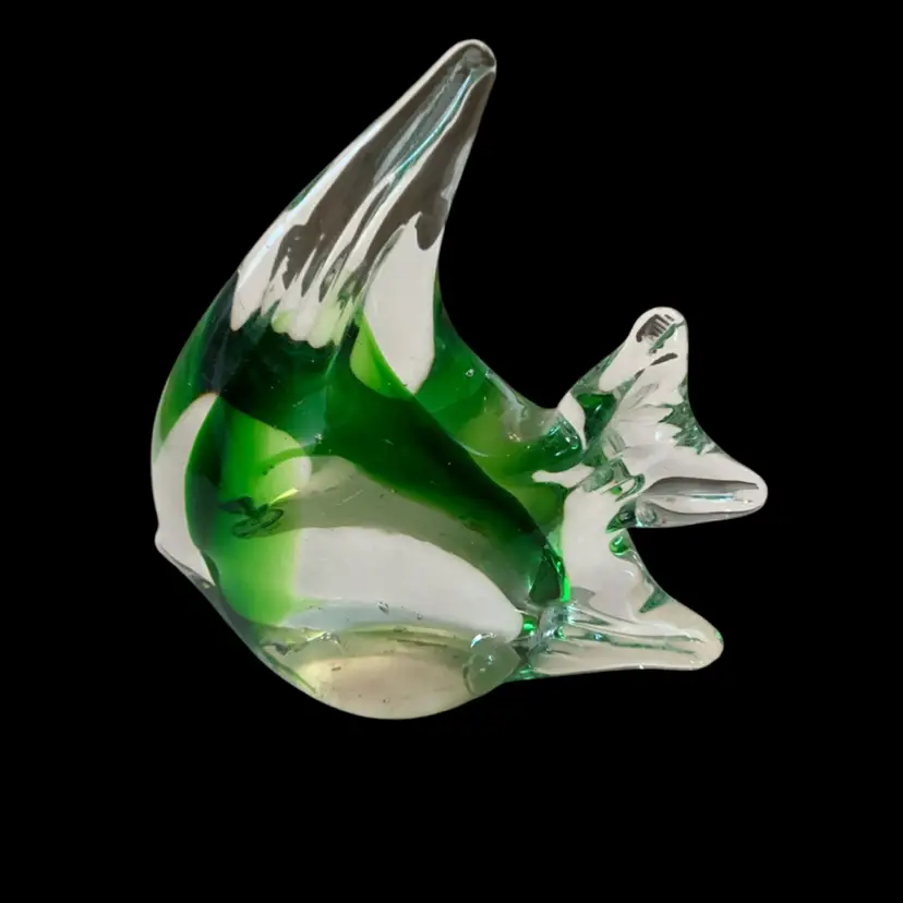Art Glass Green And Clear Angel Fish Paperweight 4” x 4.5”-READ