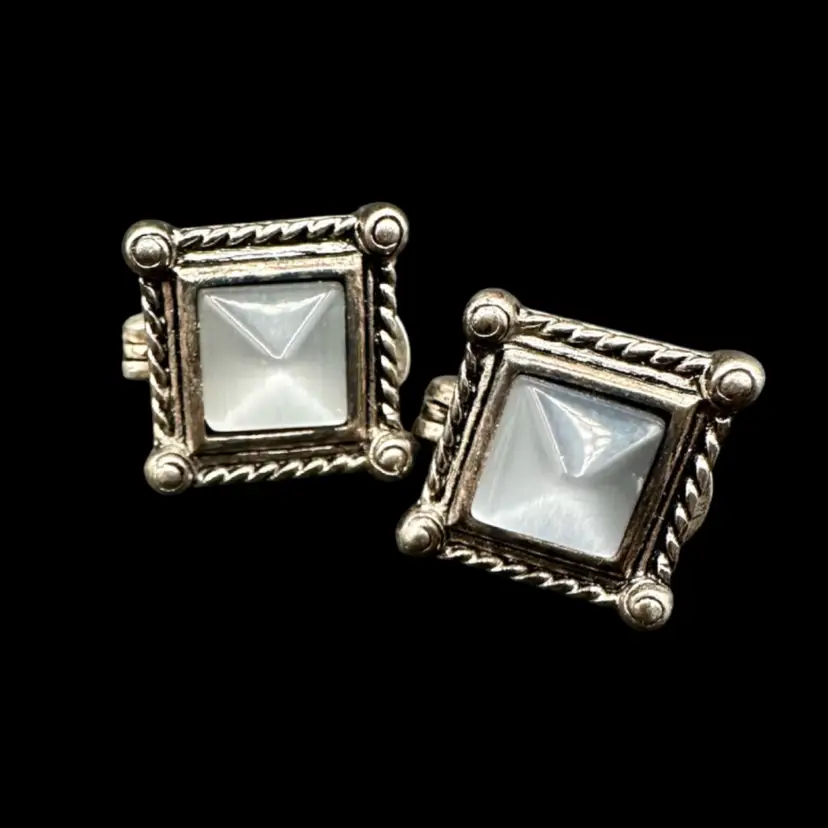 Moonstone Braided Silver Tone Square Clip-on Earring, Marked Premier Designs 1/2” Sq