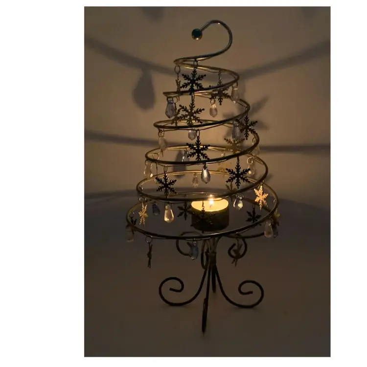 Silver Plated Spiral Tree Tea Lite Snowflakes, Faux Crystal Blue And Clear Ornaments. 12” Tall