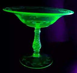 Vintage Uranium Depression Green Glass Compote Bowl Footed Etched 6 1/8" Tall Black Light Glows UV Reactive