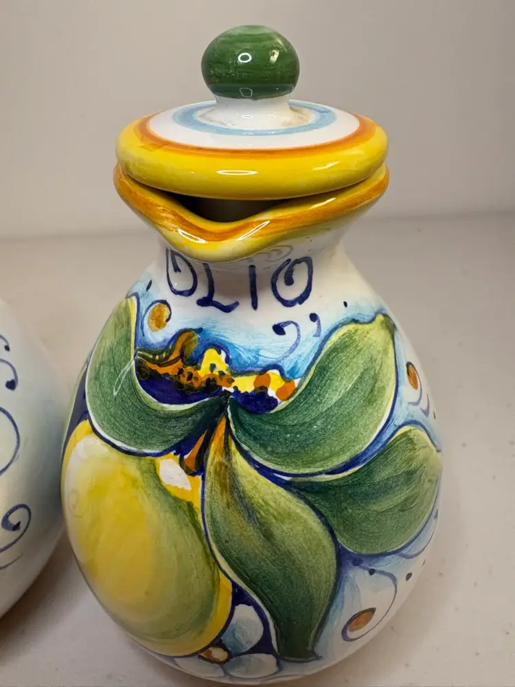 Vintage Hand Painted Italian Pottery Olio Aceto Cruet Lemons Floral Motif