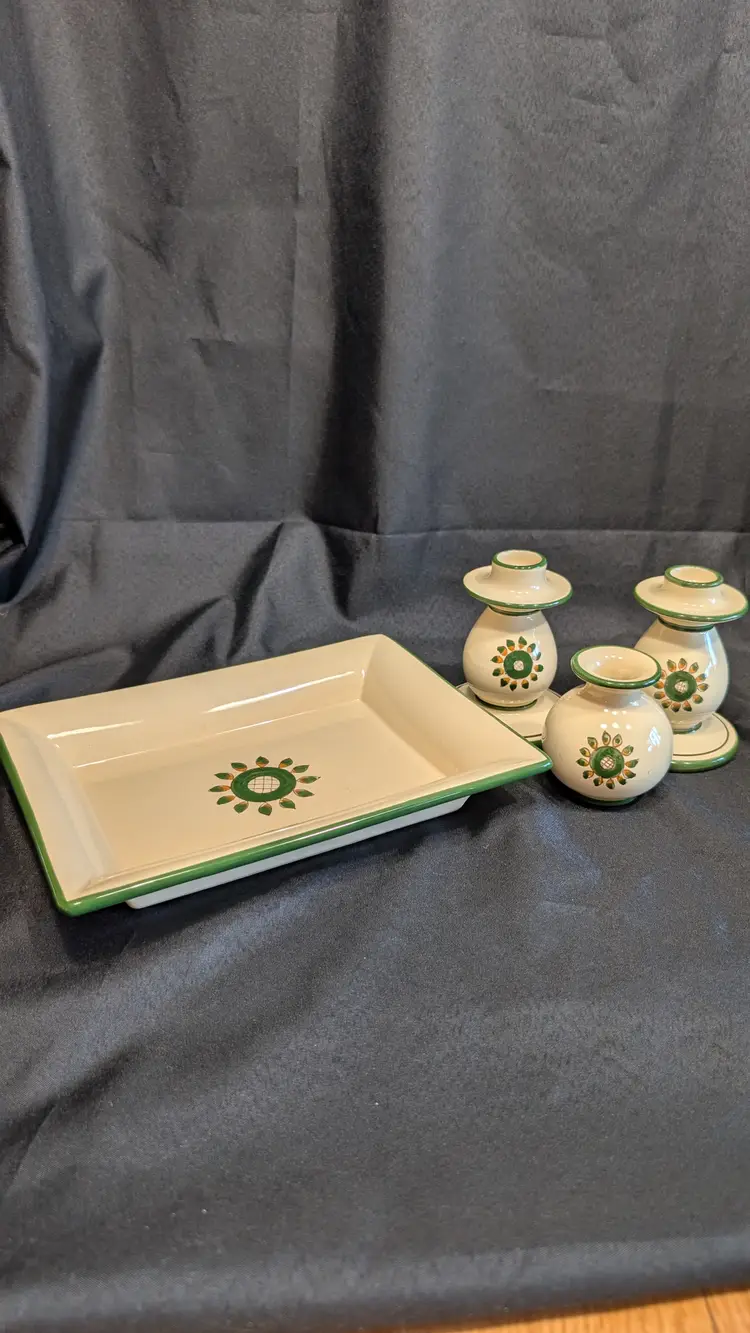 Cortona Italian Pottery Set Tuscan Mojolica Sunflower Tray, Candle holders, and Bud Vase