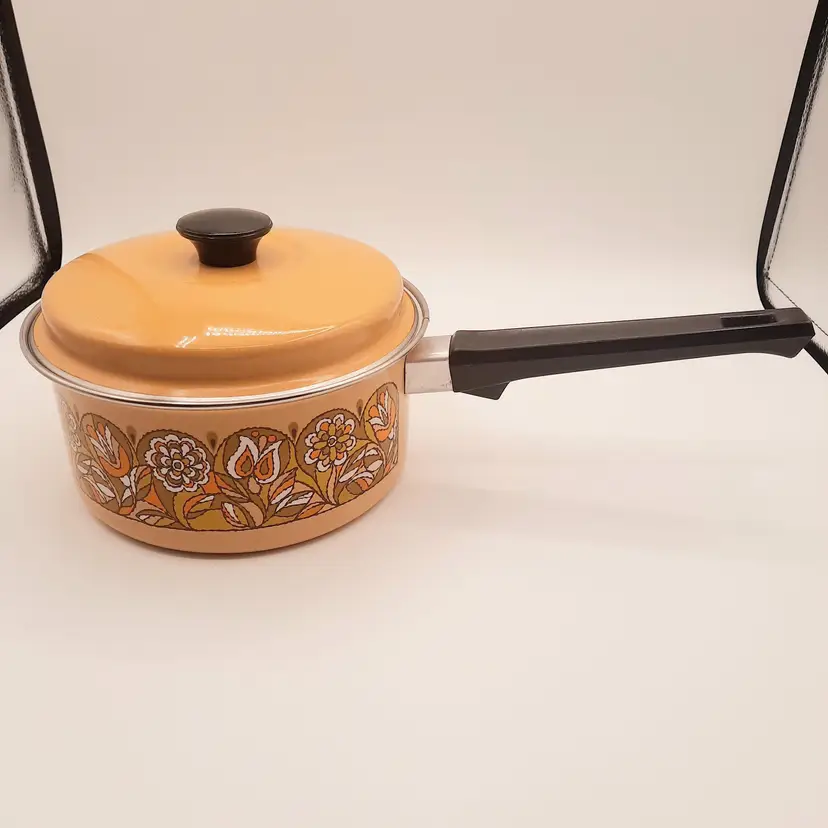 Vintage Mustard Gold Enamel Lidded Sauce Pan w/ Orange & Green Flowers