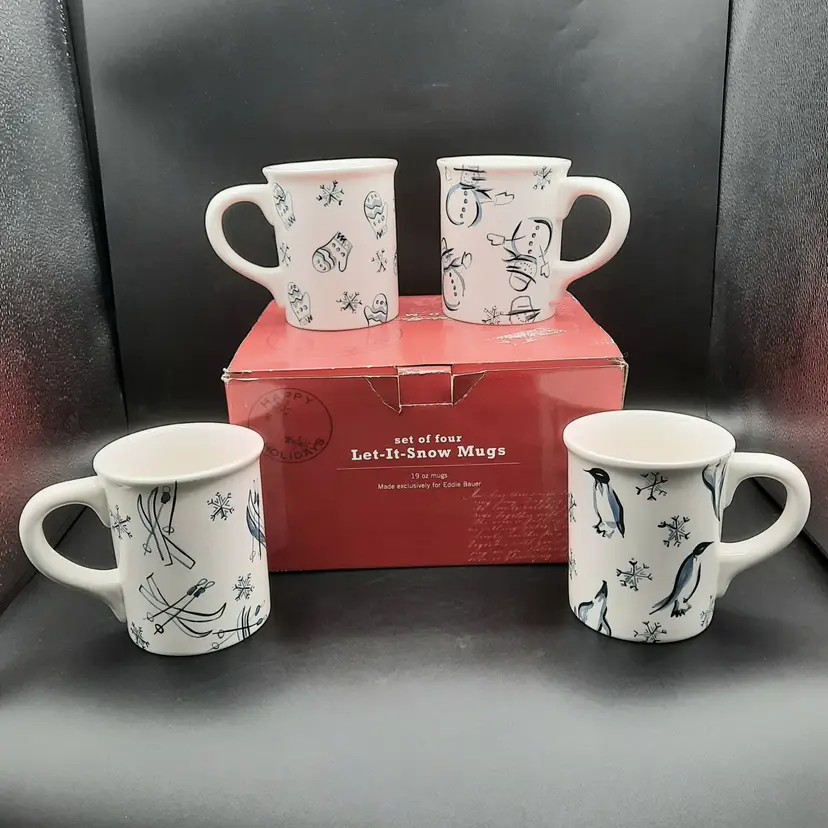 Eddie Bauer Let it Snow Mugs Set of 4 Blue & White Penguins,Mittens,Snowmen,Skis