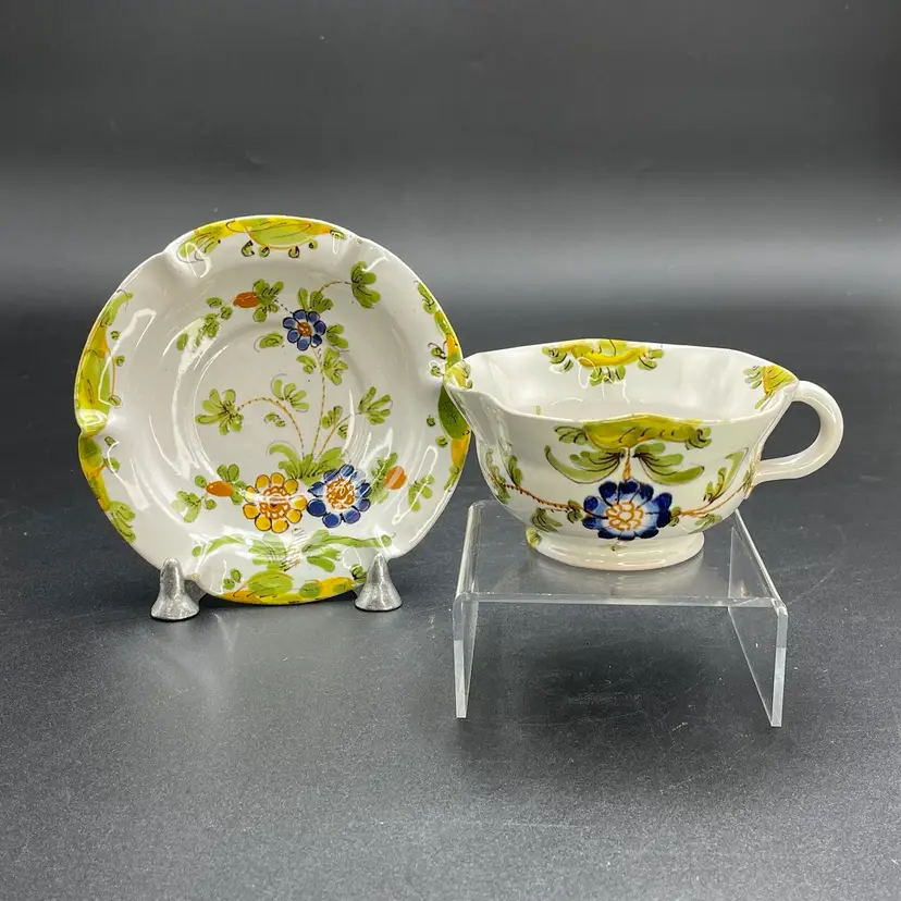 Cantagalli Firenze Italian Majolica Pottery Floral Teacup Saucer Cockerel Signed