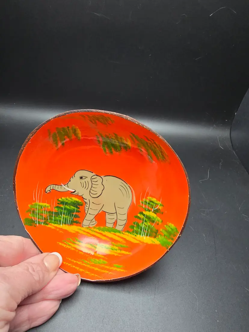 Vintage Coconut Shell Bowl Hand-Painted With an Elephant Design