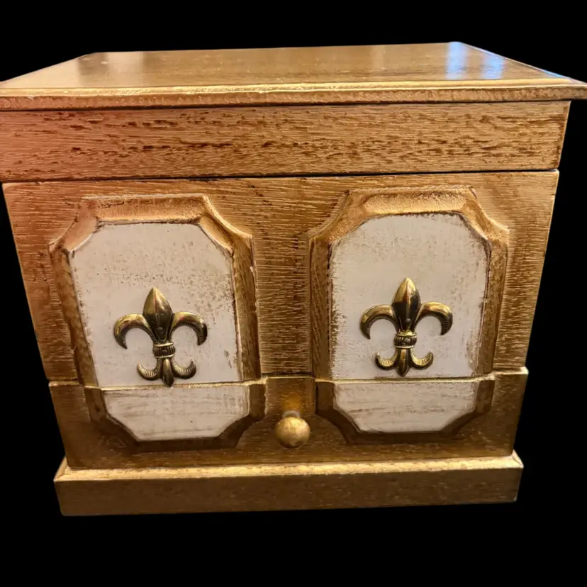 Vintage Wood Jewelry & Music Box In Gold Florentine & Fleur De Lis Accents.