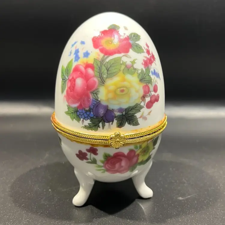 Egg Shaped- Vintage Floral Hinged Trinket Box -3 Toed- Good Snap To Closure- 3.5”