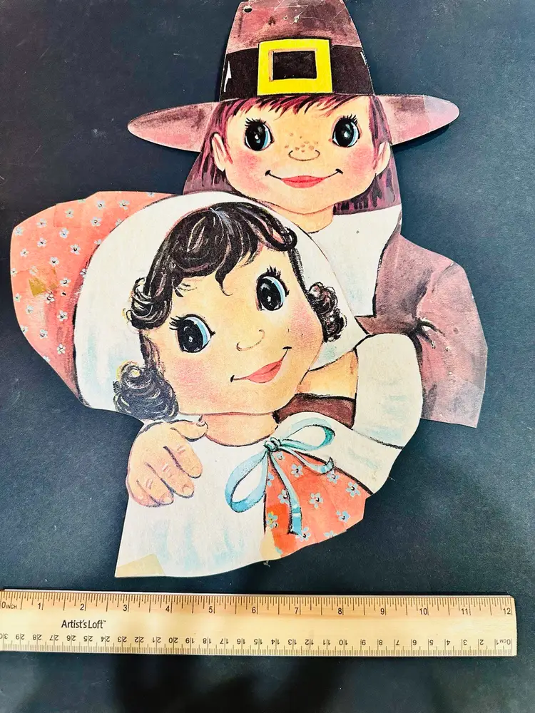 Vintage Cardboard Wall Decor Thanksgiving Pilgrims Orange Bonnet Brown Hat 16”