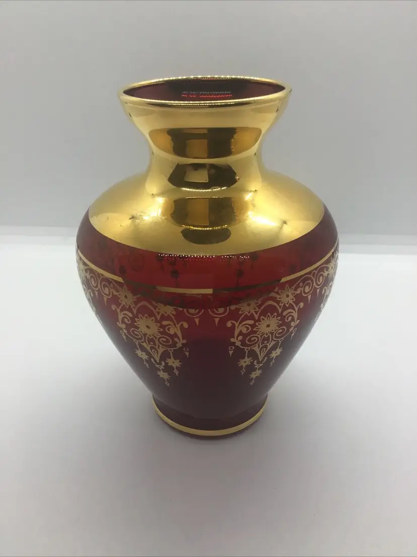 Ruby Red Hand Blown Vecchia Italian Glass Vase W Gold Gilt Design 5” Bohemian