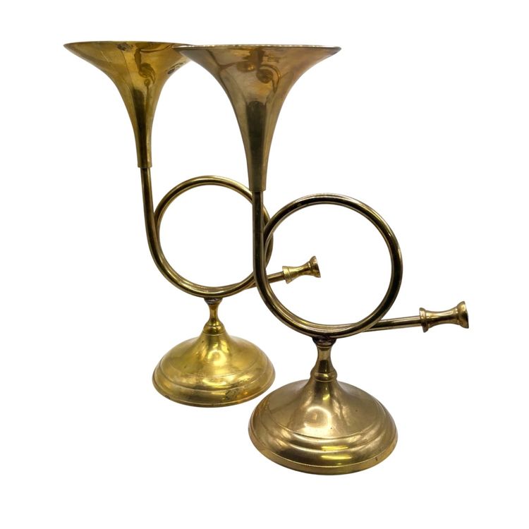 Brass Horn Pair of Candlestick Holder Holidays Christmas India 9.5”