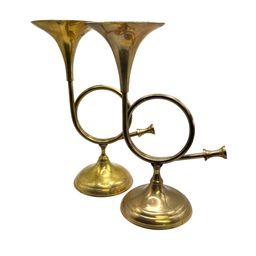 Brass Horn Pair of Candlestick Holder Holidays Christmas India 9.5”