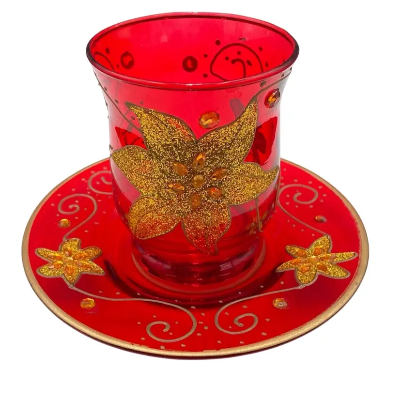 Ruby Red Glass Candle Holder with Underplate; Jeweled, Gold Glitter and Filigree