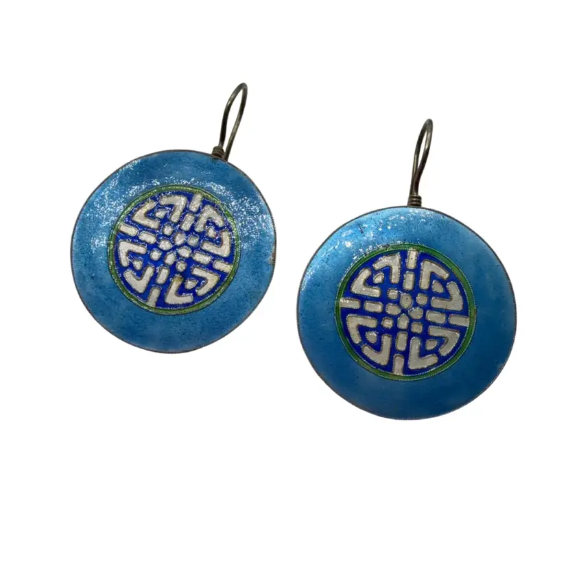 Vintage Blue Enamel Cloisonné Disc Drop Earrings w/ Asian Art Inspo Deco Style Design