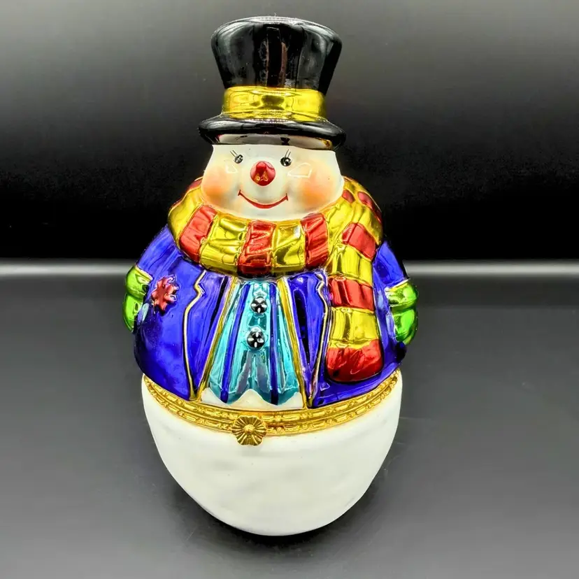 Vintage Christopher Radko Snowman Trinket Box Hinge Christmas Holiday Candy Dish
