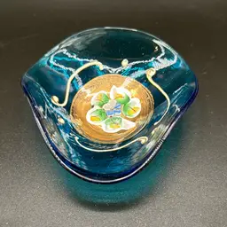 Italian Teal Glass Enamel Painted Tri Fold Trinket Dish