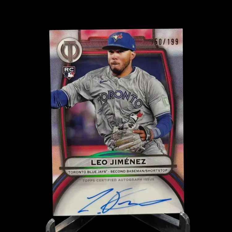 LEO JIMENEZ 2025 TOPPS TRIBUTE #TA-LJ AUTO RC ROOKIE /199 BLUE JAYS + 2025 CHROME REFRACTOR