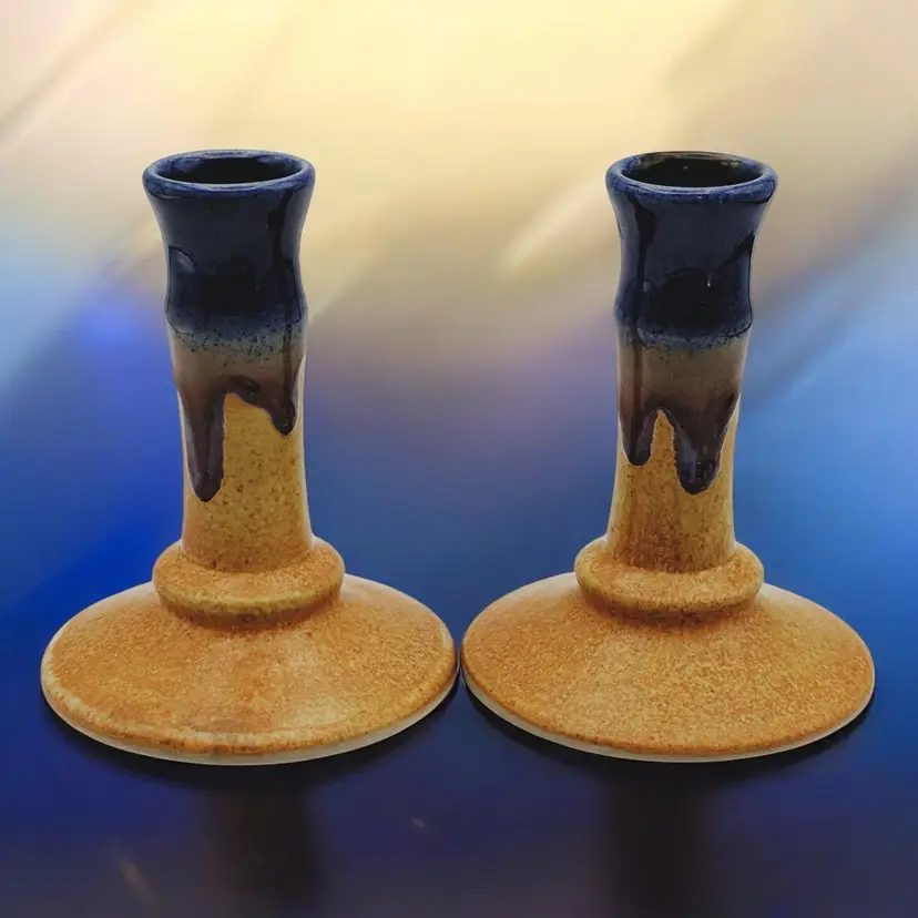 Vintage Walt Glass Signed Art Pottery Candlestick Candle Holder Blue Drip Glazed