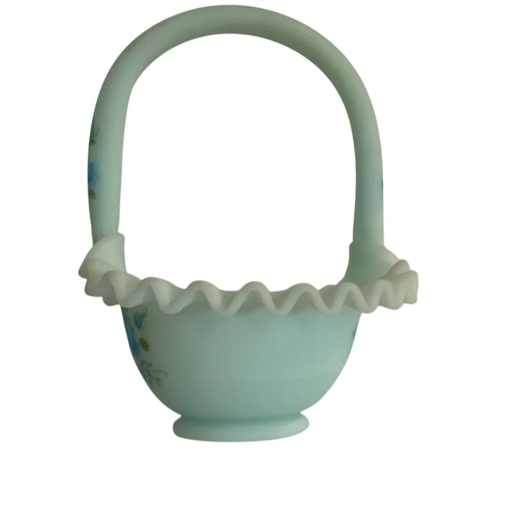 Niknax · Vintage Fenton Glass Blue Rose on Blue Satin Ruffle