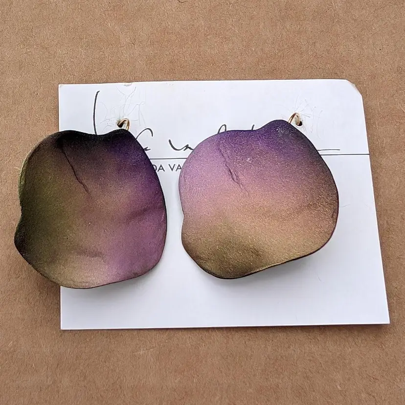 Vintage Linda Van Der Linde Purple Petal Hook Earrings Handcrafted Porcelain