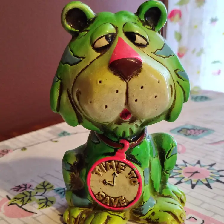 Vintage Tiger Time to Save Bank | Fun & Funky Paper Mâché Piggy Bank | Screaming Neon Tiger Coin Bank | Fluoresces in UV | 1960s Made in Japan