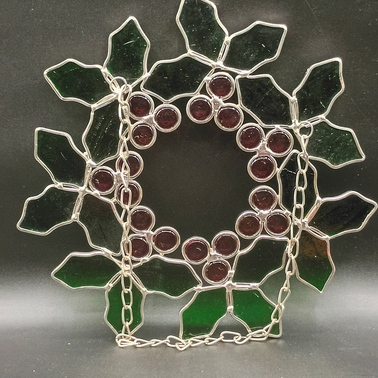 Stained Glass Holly and Berries Christmas Wreath with Chain 10 inch diameter