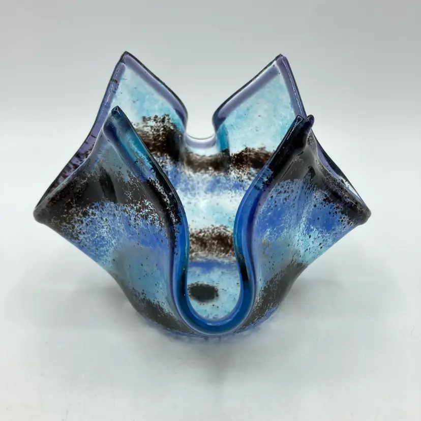 Art Glass Blue Speckled Striped Handkerchief Votive Tea Light Candle Holder 4"