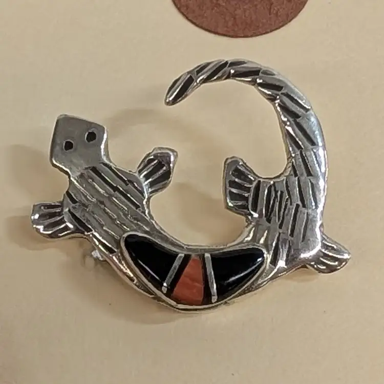 Vintage Navajo Melissa Yazzie 925 Sterling Silver Inlay Lizard Brooch Pin