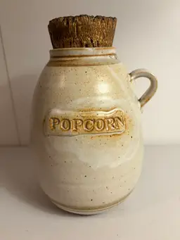 Vintage Tostoe Stoneware Popcorn Jar With a Bark Stopper
